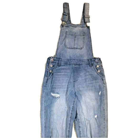 Sky & Sparrow Bib Overalls Sz 7 Distressed Blue Stretch Denim - Picture 2 of 8